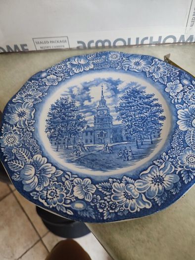 Liberty Blue Plate Independence Hall Staffordshire Ironstone Blue White Historic
