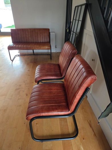 Tan Faux Leather Bench & 2 Matching Chairs Set
