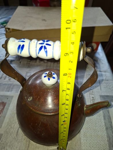 Copper Tea Kettle Blue-and-White Delf Ceramic Handle and matching Lid Knob, Postage Available