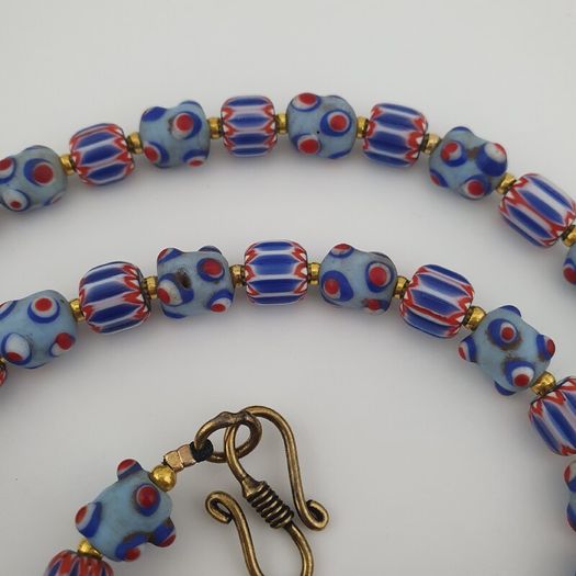 Antique Venetian Style Chevron & Skunk Glass Beads Necklace