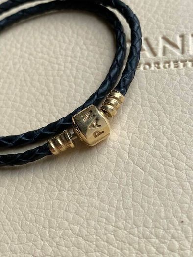 Pandora Black Double Leather Bracelet with 14 ct (585) Gold Clasp