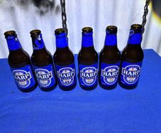 6 vintage 1980's empty Harp Lager bottles 250ml
