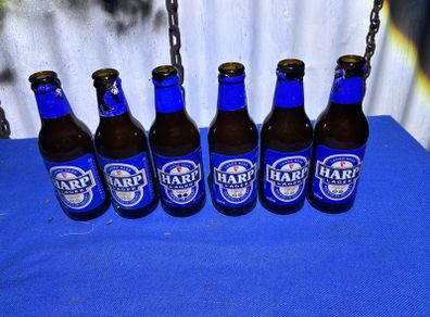 6 vintage 1980's empty Harp Lager bottles 250ml