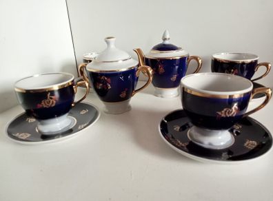 Vintage 1970' Cobalt Blue Gilded Tea Set Made in Ukraine