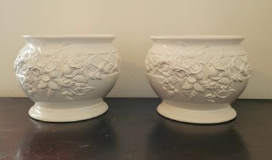 Vintage pair of large ornate white jardinieres