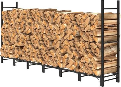 2.44m Outdoor Firewood Rack for Fireplace, Heavy Duty Steel Log Holder, Indoor Wood Pile Storage Organizer, Adjustable Stacker Stand,  Black