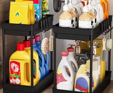 2 Pack Under Sink Storage - Kitchen Storage and Organisation, 2 Tier Kitchen Under Sink Shelf, Multi-Purpose Organisation for Bathroom,Black