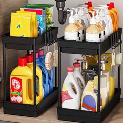 2 Pack Under Sink Storage - Kitchen Storage and Organisation, 2 Tier Kitchen Under Sink Shelf, Multi-Purpose Organisation for Bathroom,Black