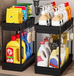 2 Pack Under Sink Storage - Kitchen Storage and Organisation, 2 Tier Kitchen Under Sink Shelf, Multi-Purpose Organisation for Bathroom,Black