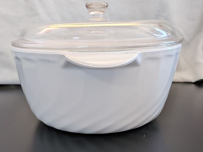 Vintage Arcopal France White Swirl Casserole Dish with Glass Lid