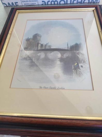 Framed Coloured 1840 The Four Courts, Dublin Original Antique Engraving - Ireland - Mounted and Matted .