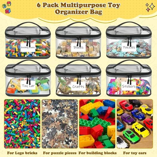 6 Pack Clear Toy Storage Bags, Storage Bags with Zipper, Clear PVC Toy Kids Organiser for Building Blocks, Puzzles, Clay, Small Models, Board Games, Books (6 Pack-L)