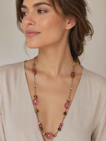 Pink & Amber Beaded Long Necklace