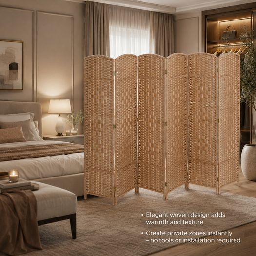 6 Panel Folding Room Divider  Natural Woven Privacy Screen 170 x 241 cm