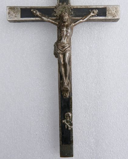 Antique Large Golgotha Crucifix Cross 6.5" Metal Ebony Wood German Skull Bones