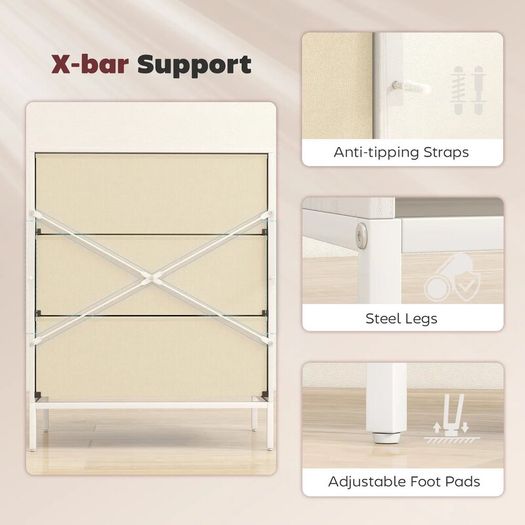 Chest of Drawers, Dresser with 3 Fabric Drawers and Aluminium Handles - White