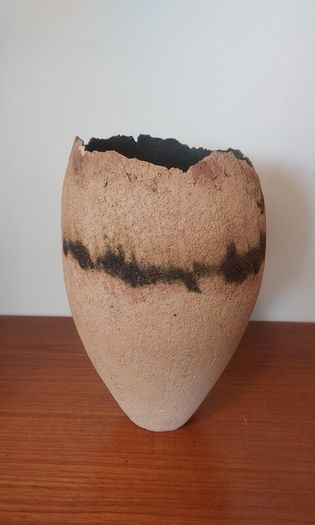 Fabulous Tall Hand-Built Studio Pottery Vase in a Textured Stoneware Clay with an Organic Asymmetric Shape, Hand Made, A Piece of Sculptural Art, But Unknown Maker