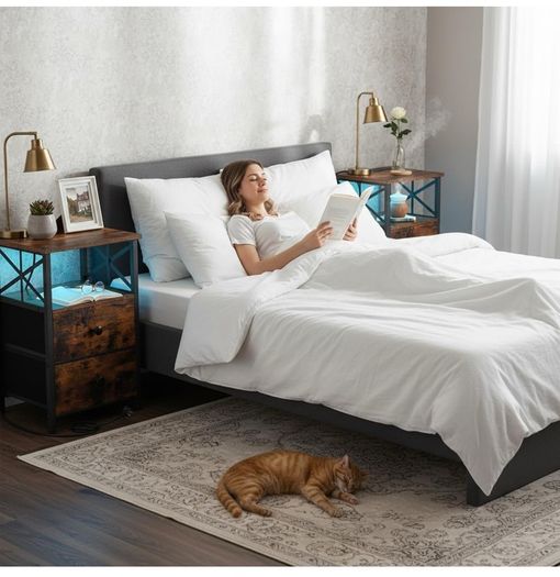 Bedside Table Set of 2, Side Table with Charging Station and Led Lights
