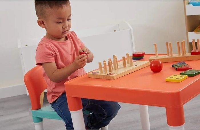 Childrens Table and Two Chair Set, Green Orange White, Table-51cm H x 51cm W x 43cm D 27cm x 31cm x 44cm, Seat Height 26cm