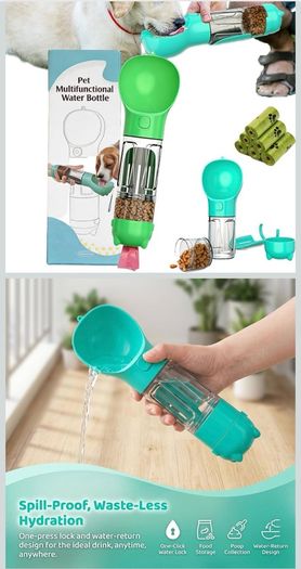 Pet 4 in 1 multifunctional water bottle,  treat dispenser, and waste disposal