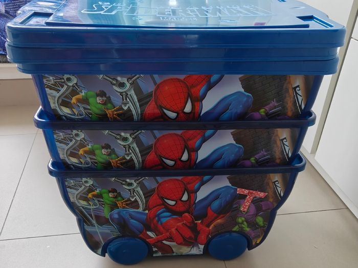 3 Large Stackable Spiderman toy boxes on wheels