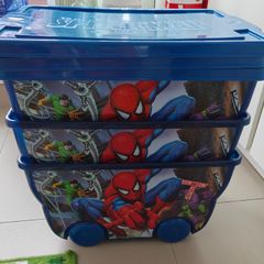 3 Large Stackable Spiderman toy boxes on wheels