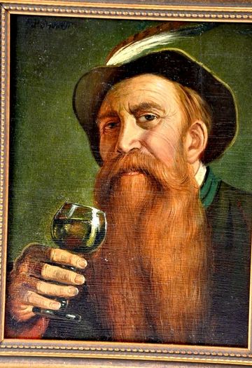 Oil painting of a hunter with a glass of wine