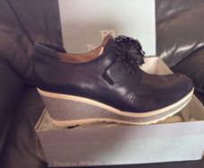 Pedro Anton navy blue leather wedge shoes with flowers UK8