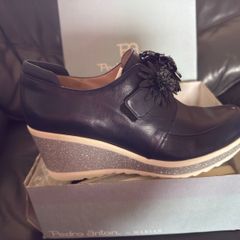 Pedro Anton navy blue leather wedge shoes with flowers UK8