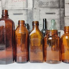 364 - Set of 5 Vintage Collectible Decorative Amber Glass Bottles