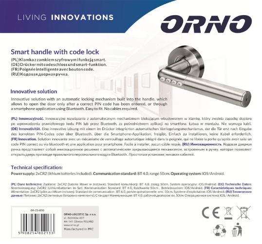 Orno OR-ZS-850 Electronic Door Lock Bluetooth Smart IP44 Open via PIN and via App