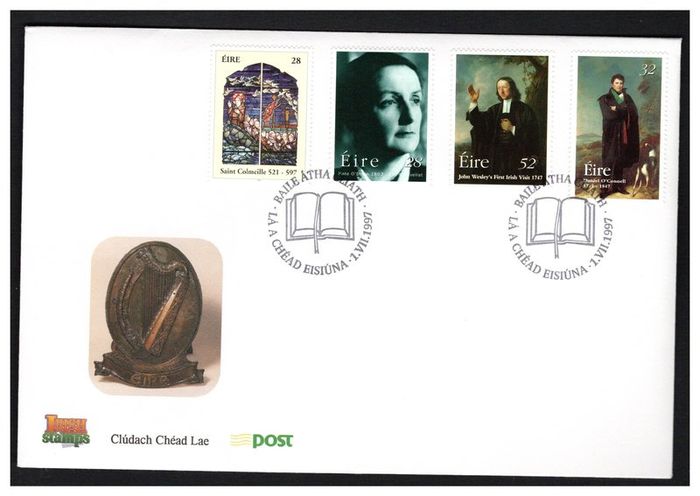 1997 Ireland Birth centenary of Kate O'Brien (Novilist); 1400th Death Anniversary of St. Iona; 150th Death Anniversary of Daniel O'Connell; 250th Anniversary of John Wesley's First Visit of Ireland Stamps  An Post First Day Cover (FDC)