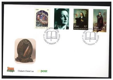 1997 Ireland Birth centenary of Kate O'Brien (Novilist); 1400th Death Anniversary of St. Iona; 150th Death Anniversary of Daniel O'Connell; 250th Anniversary of John Wesley's First Visit of Ireland Stamps  An Post First Day Cover (FDC)