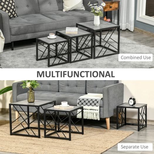 Set of 3 Nest of Tables Square Side Tables with Metal Frame, Grey (FREE POSTAGE)