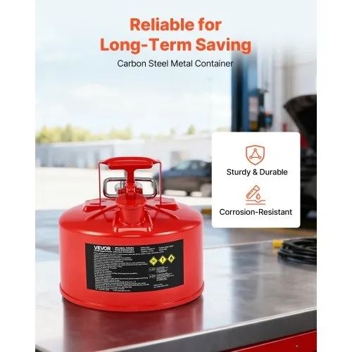 Safety Gas Can, 9.5 L Type II Red Safety Can for Gasoline with Stainless Steel Flame Arrester, Self-Closing Lid, and Flexible Metal Spout, Carbon Steel Flammable