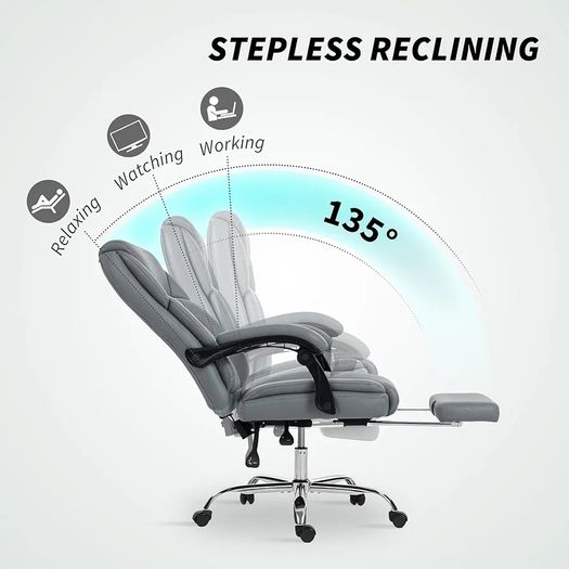Office Chair, Reclining Executive Desk Chair with Spring Cushion, PU Leather, High Back, Footrest, Adjustable Height, Swivel Wheels, Grey