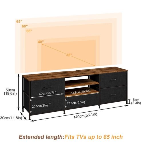 TV Stand Cabinet, TV Unit with 5 Drawers, 140 cm, Black TV Console Table with Storage Organizers, Entertainment Center with Open Shelf for Living Room, Bedroom