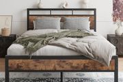 Double Bed Frame with Wooden Storage Shelf Headboard, Metal Platform Bed Frame