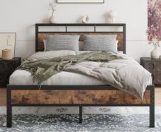 Double Bed Frame with Wooden Storage Shelf Headboard, Metal Platform Bed Frame