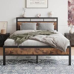 Double Bed Frame with Wooden Storage Shelf Headboard, Metal Platform Bed Frame