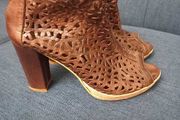 Brown Leather Laser-Cut Peep-Toe Ankle Boots
