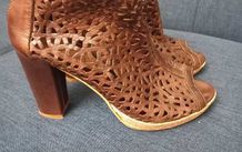 Brown Leather Laser-Cut Peep-Toe Ankle Boots