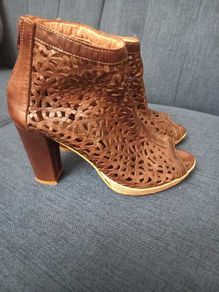 Brown Leather Laser-Cut Peep-Toe Ankle Boots