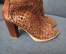 Brown Leather Laser-Cut Peep-Toe Ankle Boots