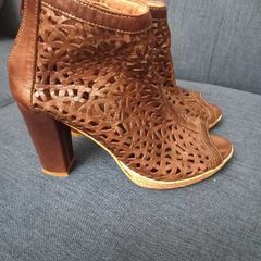 Brown Leather Laser-Cut Peep-Toe Ankle Boots