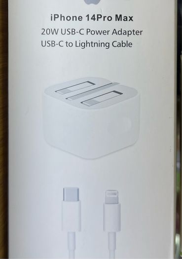Apple iPhone 14 Pro Max 20 watt power adapter with USB Type C to lightning charging cables