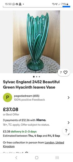 Fabulous Vintage SylvaC Art Deco Tall Hyacinth Vase, Shape #2452 in the Lovely, Popular but Less Common Green Glaze, Excellent Condition