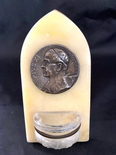 Vintage Italian holy water font with Pope Pius Xi plaque signed Tschudin