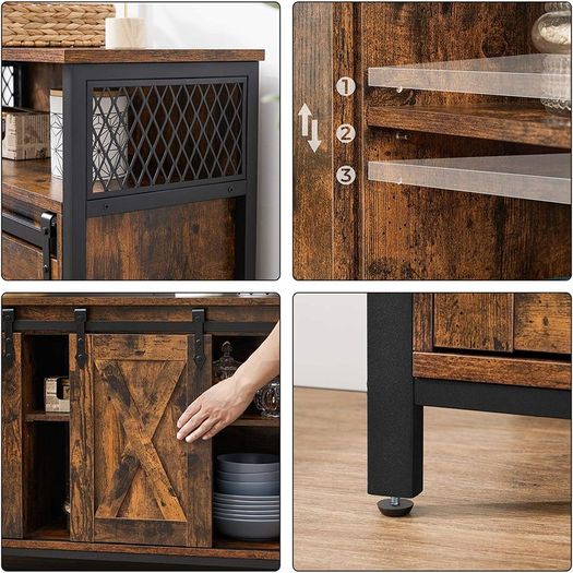 _Sideboard, Kitchen Cabinet, Storage Cabinet with 2 Sliding Doors, Adjustable Shelf, Industrial, for Living Room, Vintage Brown/Black