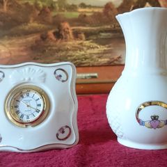 Donegal Parian China Claddagh Ring Clock And Vase Set Made In Ireland